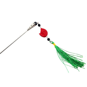 Oriental Hair Stick with Chinese Lacquer Bead and Tassels 5.25"